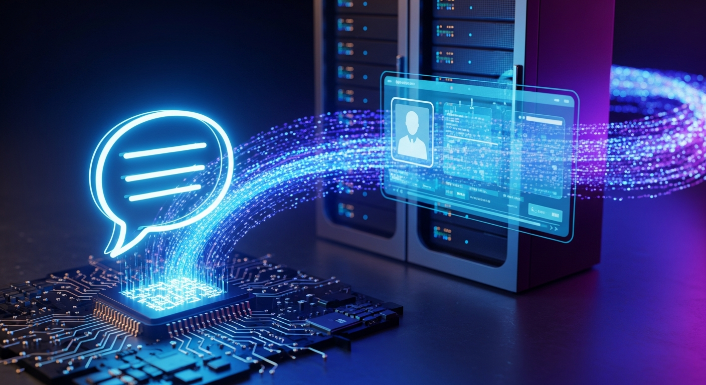 Chat bubble emerging from a circuit board with data streams flowing to a holographic interface
