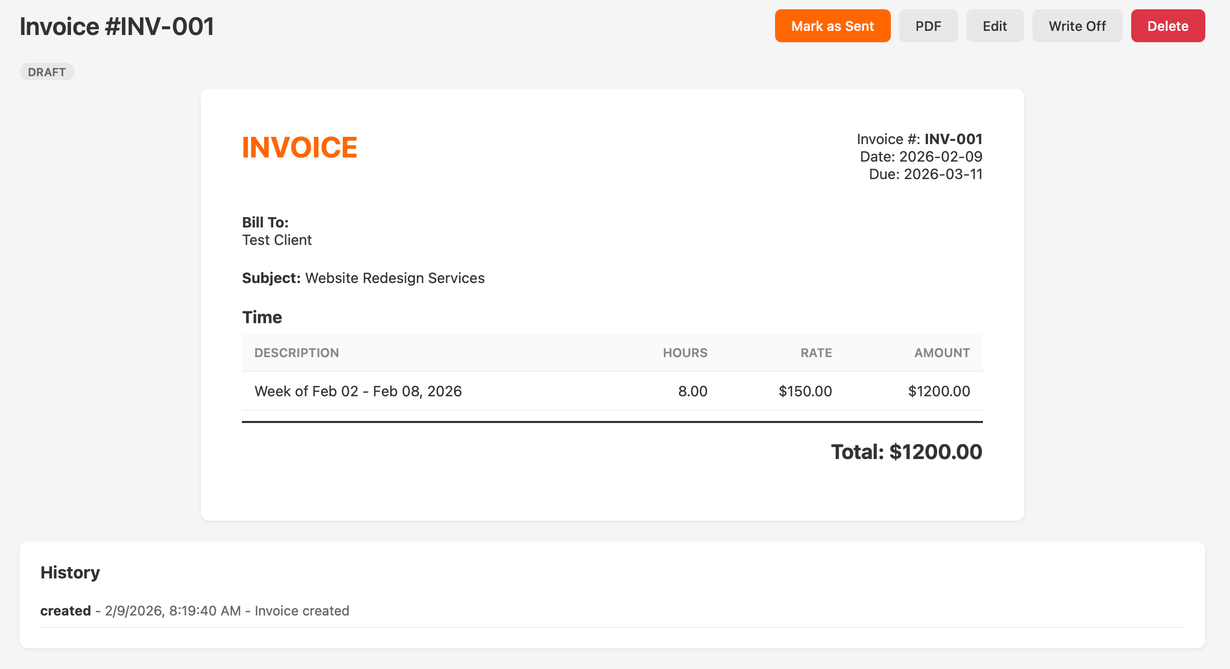 Claude's invoice detail view with a print-formatted invoice layout showing line items, totals, and action buttons