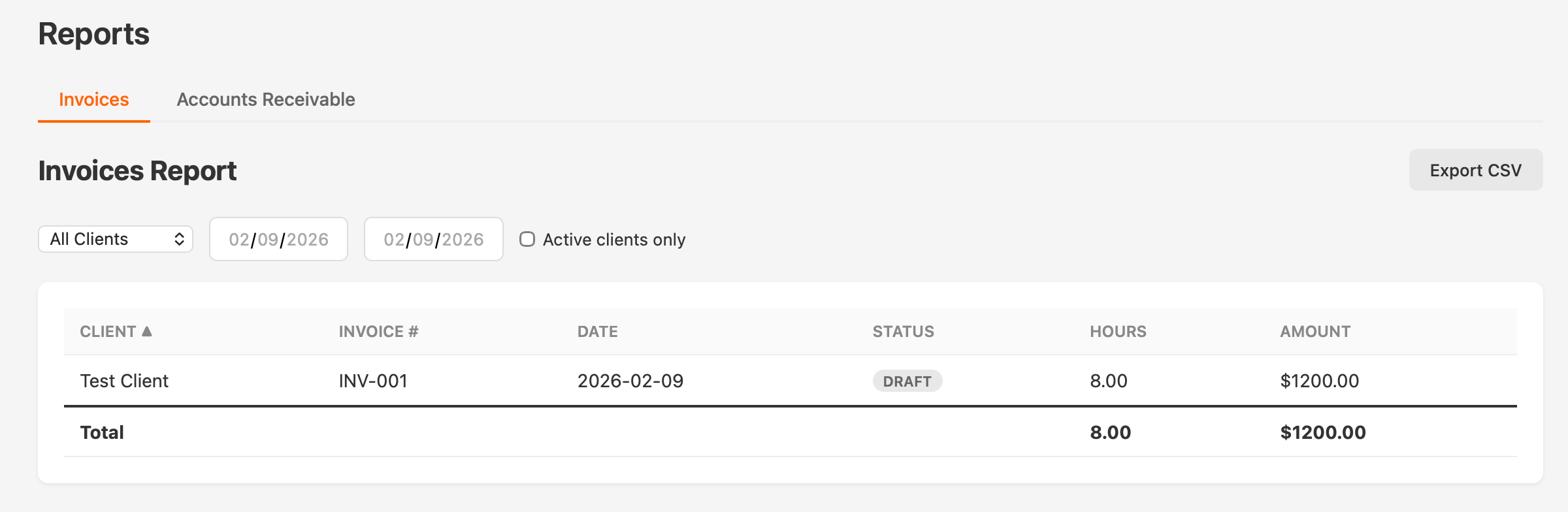 Claude's reports page showing an invoice report with client, date, status, hours, and amount columns with filter controls