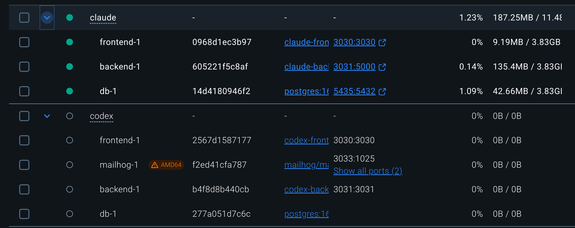 Both Docker stacks shown in Docker Desktop