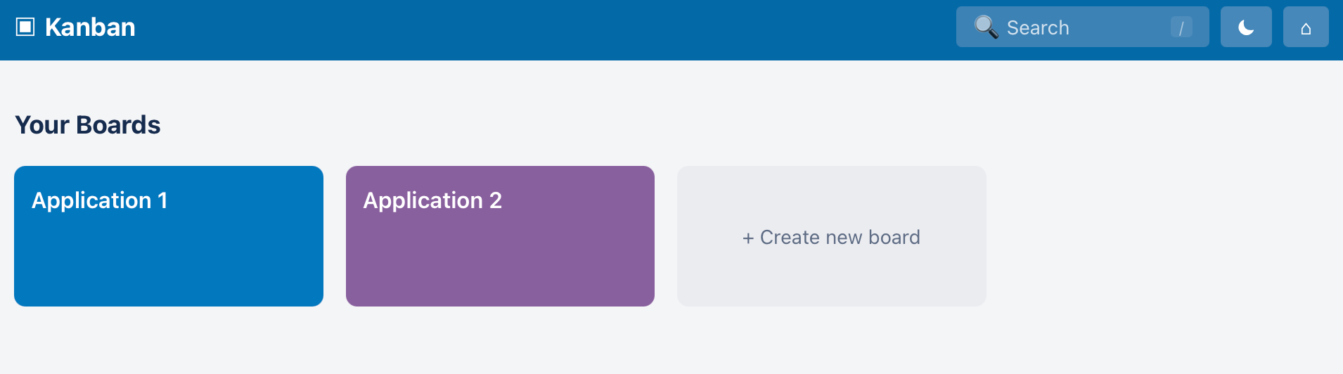 The home page showing multiple boards with color-coded backgrounds, search bar, and dark mode toggle