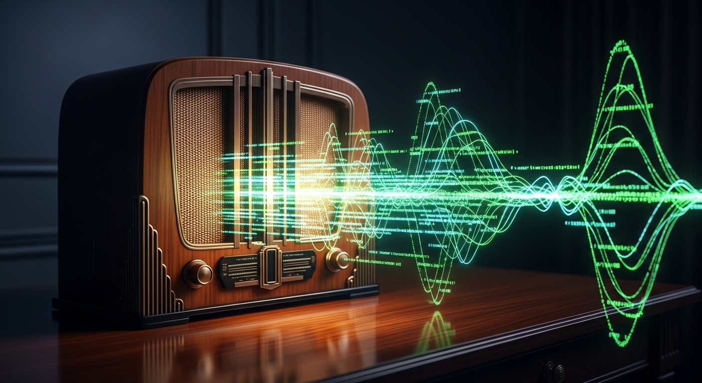 Vintage radio emitting code-formed sound waves